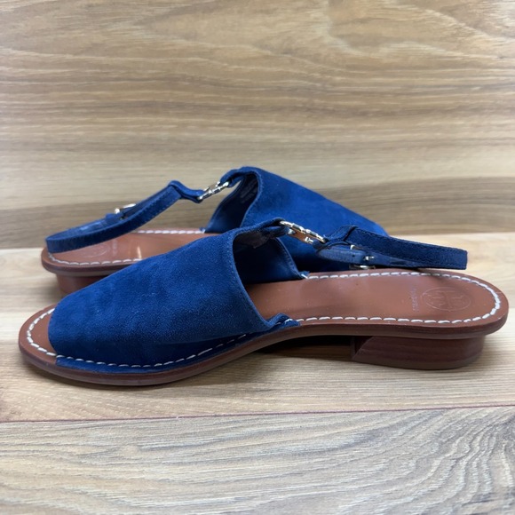 Tory Burch Gemini Ankle Strap Sandals 8.5 M Blue Suede Gold Metal - Picture 6 of 11